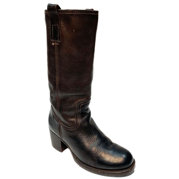 Frye Shoes - Frye Tall Leather Western Pull On Riding Boots Dark Brown Chunky Heel 8 Saddle